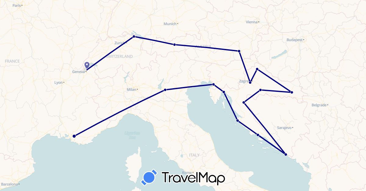 TravelMap itinerary: driving in Austria, Switzerland, France, Croatia, Italy (Europe)